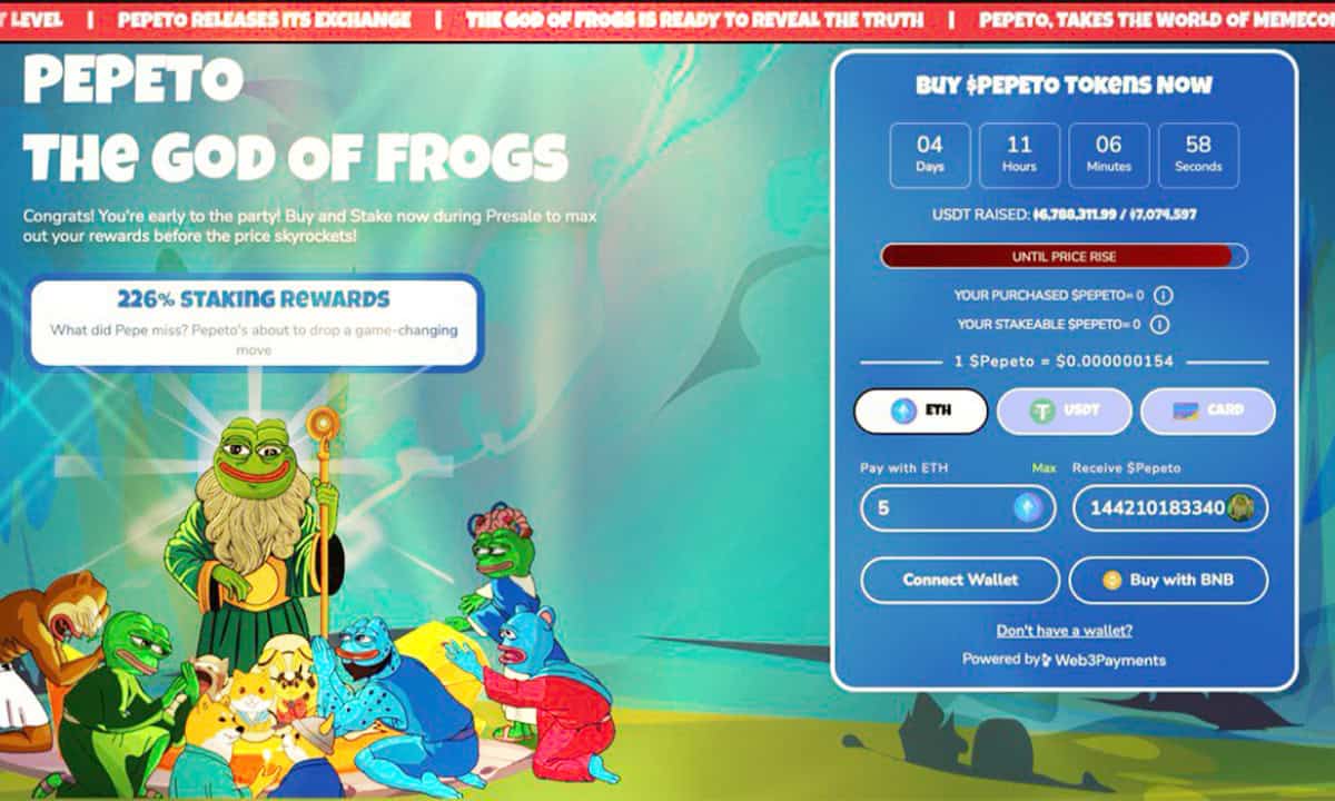 Ethereum на базе Meme Pepeto Prefale за 6,7 млн. Долл.